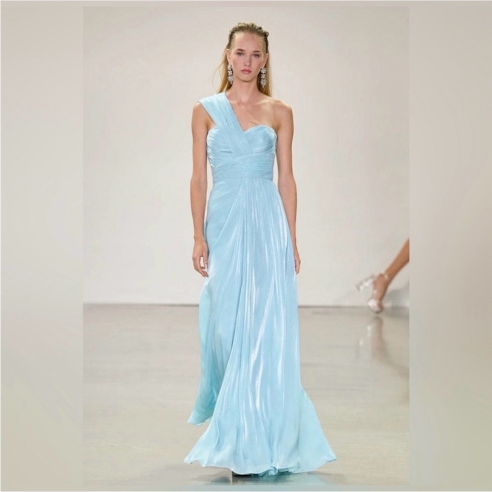 Badgley Mischka Sky Blue One-Shoulder Dress